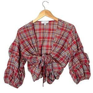 Hayden | Red plaid cotton cropped ruffle sleeves wrap around top size sm…